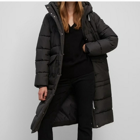 100% Down Puffer Longline Coat> black, high dual collar - Picture 13 of 13